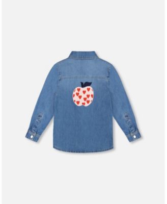 Toddler Girls Denim Shirt Light Blue with Patch Pockets and Apple Patch - Toddler|Child