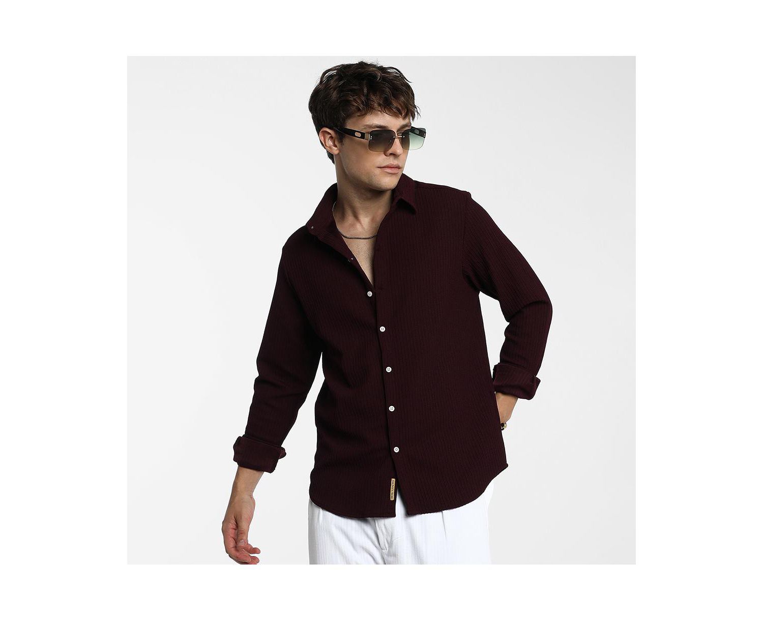 Men's Maroon Red Stripe-Creased Shirt