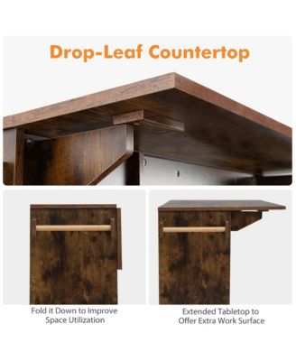 Drop-Leaf Kitchen Island Cart with Power Outlet, Microwave Shelf, Wine Rack & Drawer