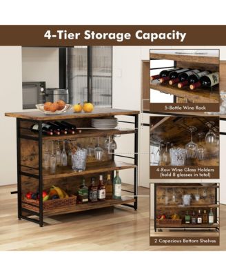 47" Metal, MDF Wine Rack, Glass Holders, Footrest, 4-Tier Shelf Industrial Kitchen Island Bar Table