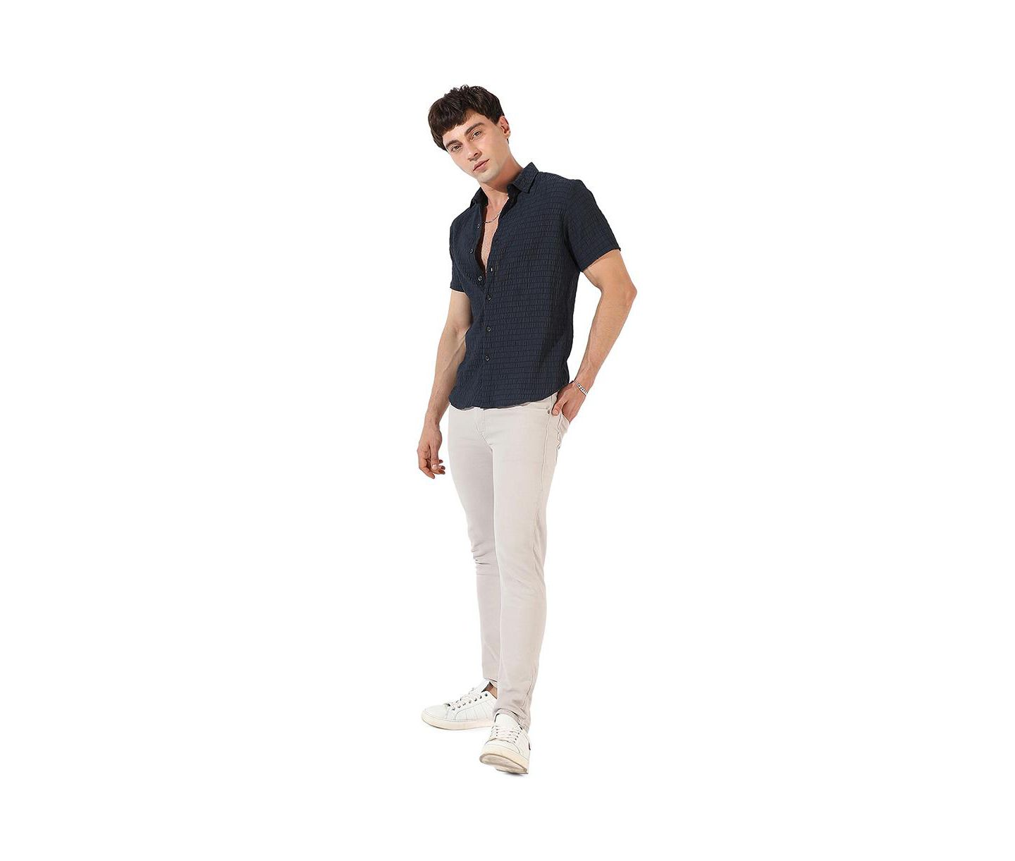 Мужская рубашка Cahoot Campus Sutra Black Textured Regular Fit Casual, цвет: Синий — фото 4