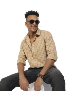 Men's Beige Contrast Tartan Plaid Shirt