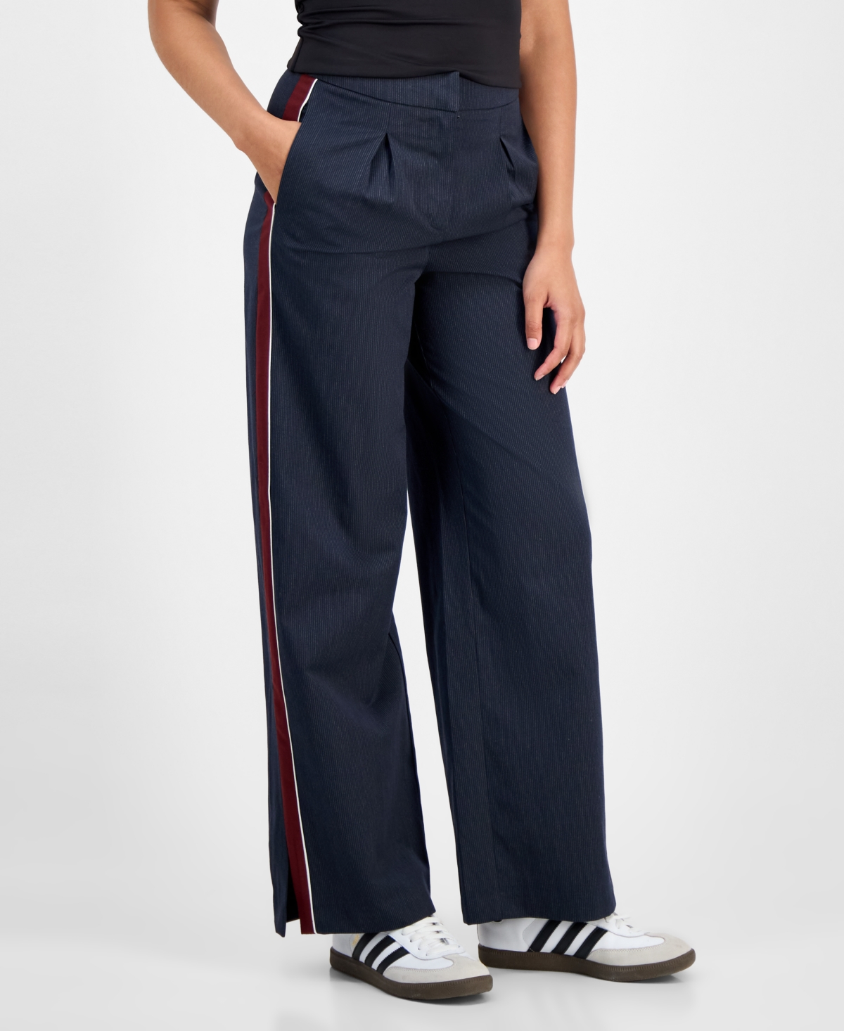 Bar Iii Women's Side-stripe Pleated Wide-leg Pants, Macy's Exclusive In Blue