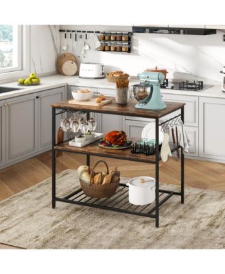 Kitchen Island 3-Tier Prep Table with Wine Glass Holders Large Worktop