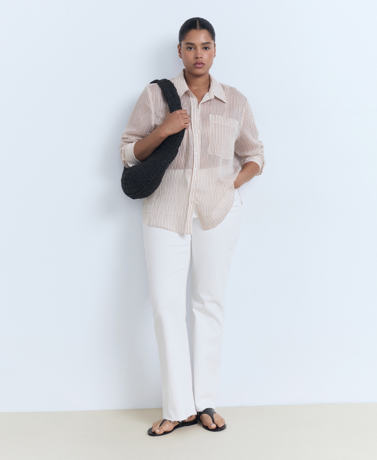 Mango Stripe Sheer Long-sleeve Button-up Shirt In Neutral