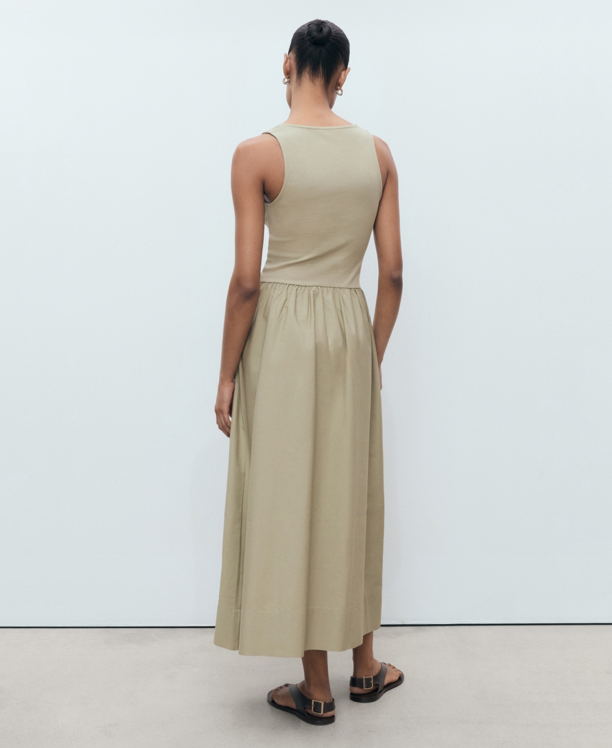Mango Flared Dress In Combined Fabric Khaki In Brown