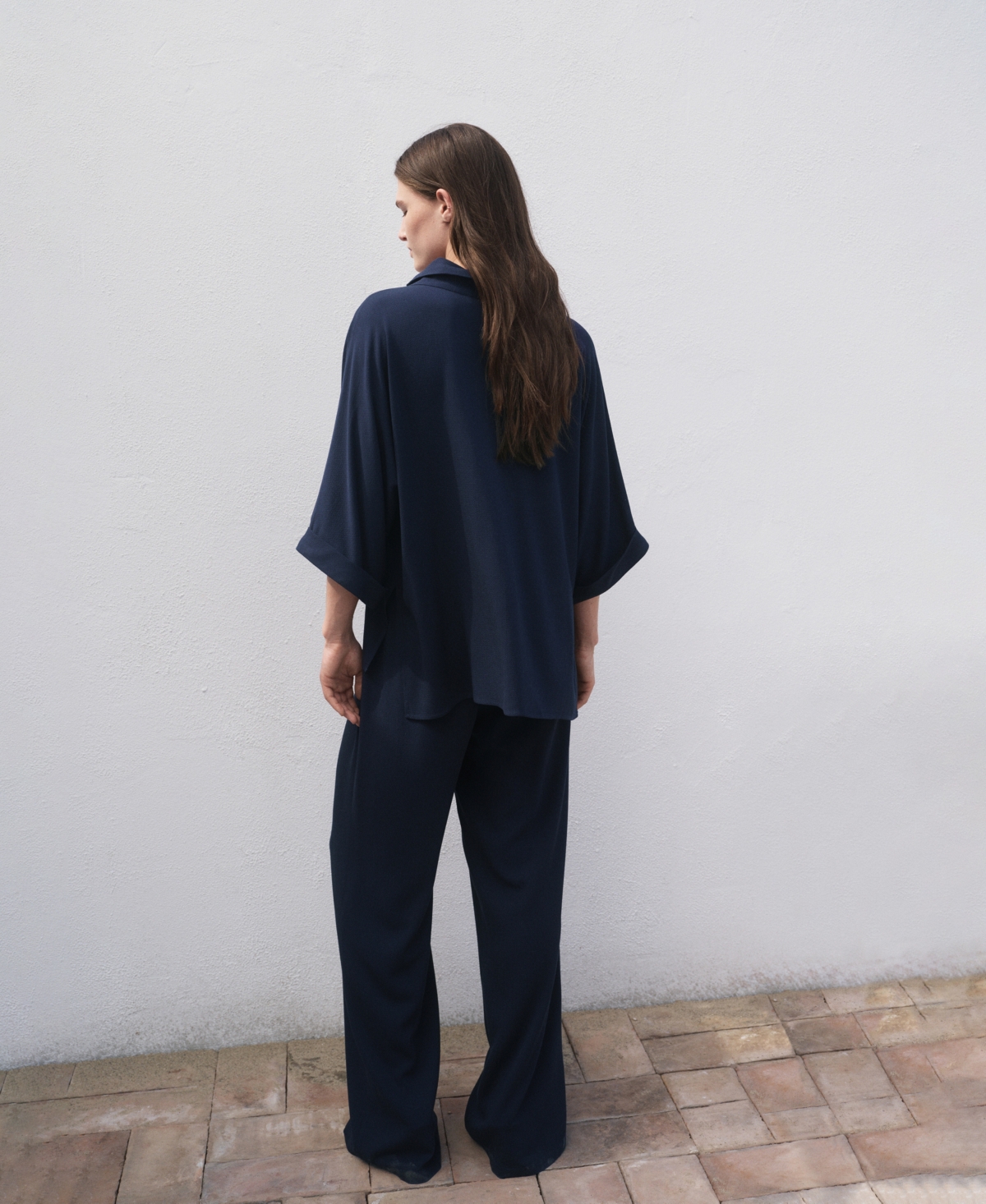 Mango Pull On Wide Leg Pants In Blue