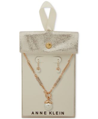 Gold-Tone Imitation Pearl Drop Earrings & Toggle Pendant Necklace