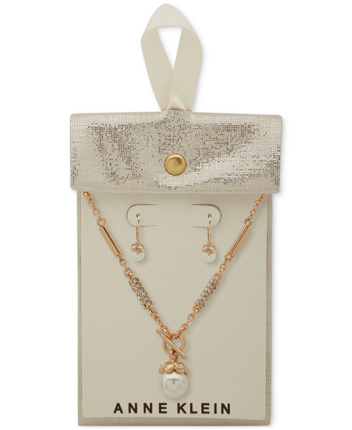 Anne Klein Gold-tone Imitation Pearl Drop Earrings & Toggle Pendant Necklace In White