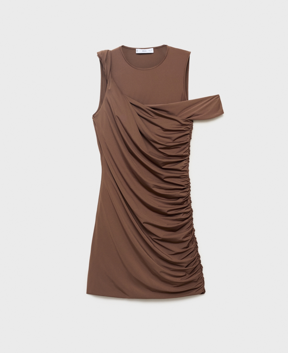 Mango Ruched Single Cold Shoulder Short Sleeve Minidress In Brown