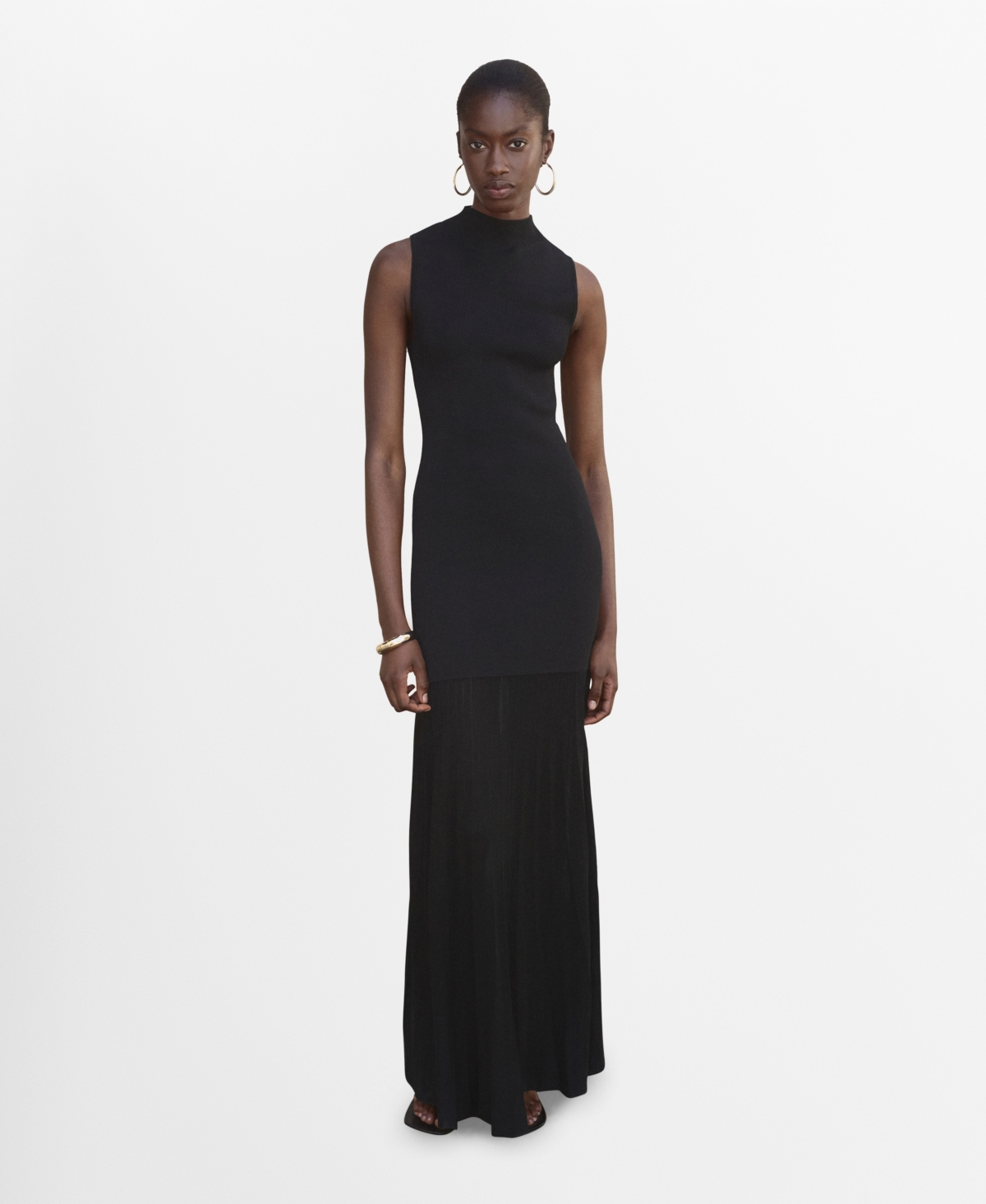 Mango Long Knitted Dress With Perkins Neck Black In Black