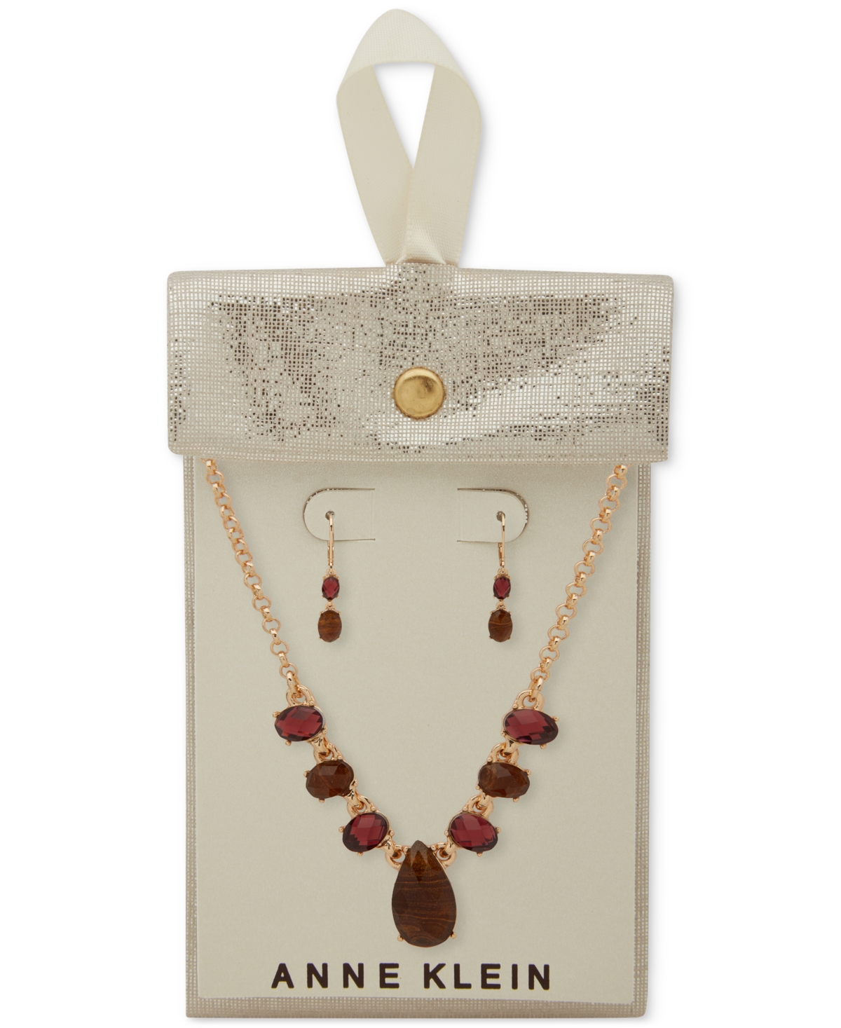 Anne Klein Gold-tone Stone Drop Earrings & Frontal Necklace, 16" + 3" Extender In Burgundy