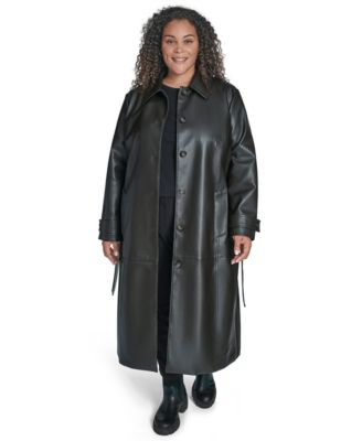Plus Size Belted Faux Leather Trench Coat