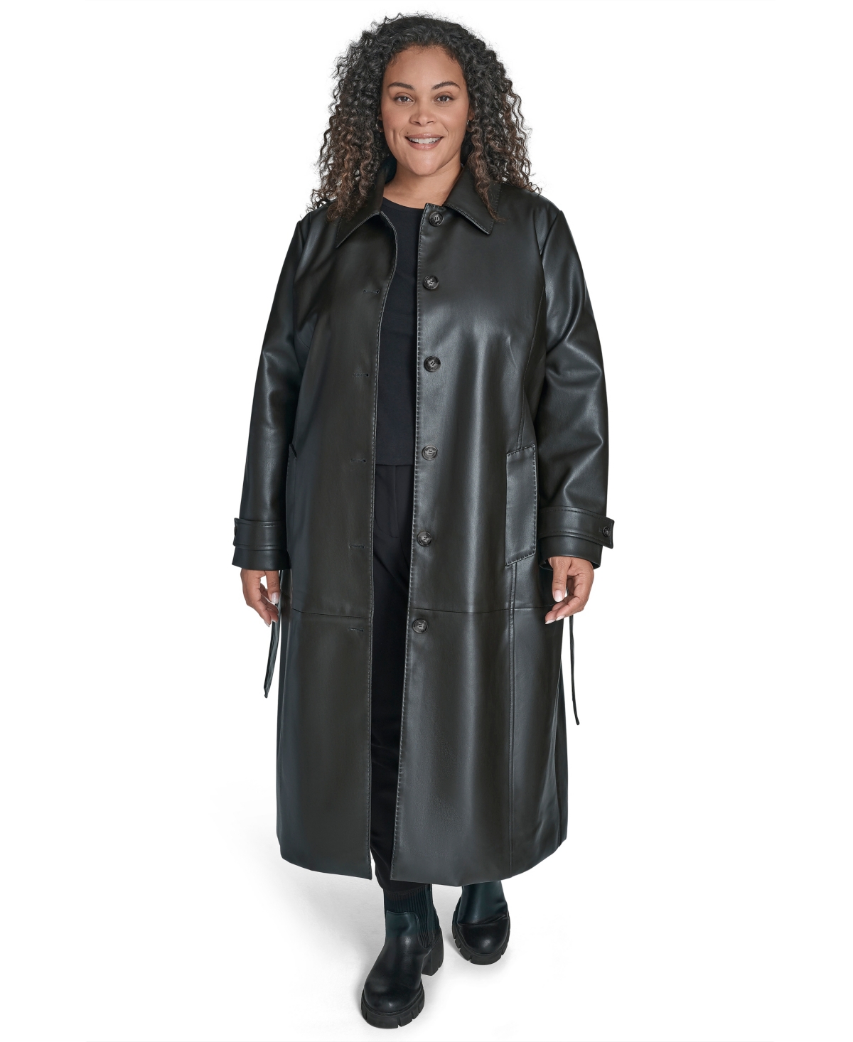 Calvin Klein Plus Size Belted Faux Leather Trench Coat In Black