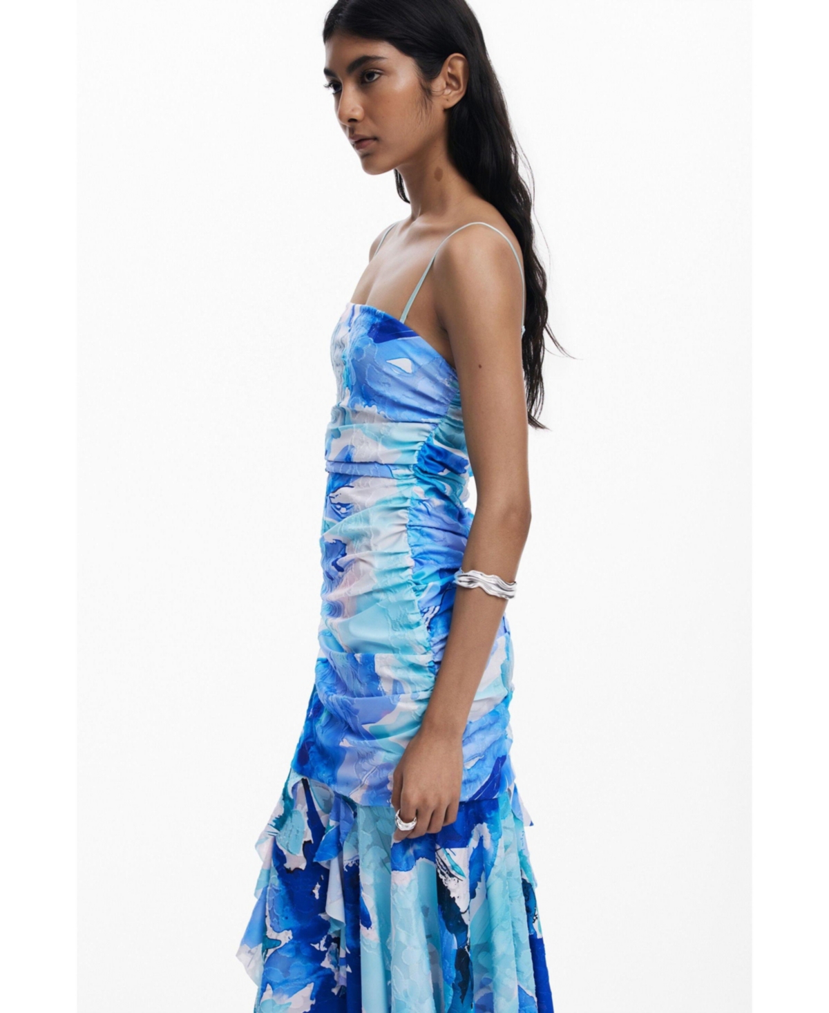 Desigual Ruffle Shirred Dress In Blue