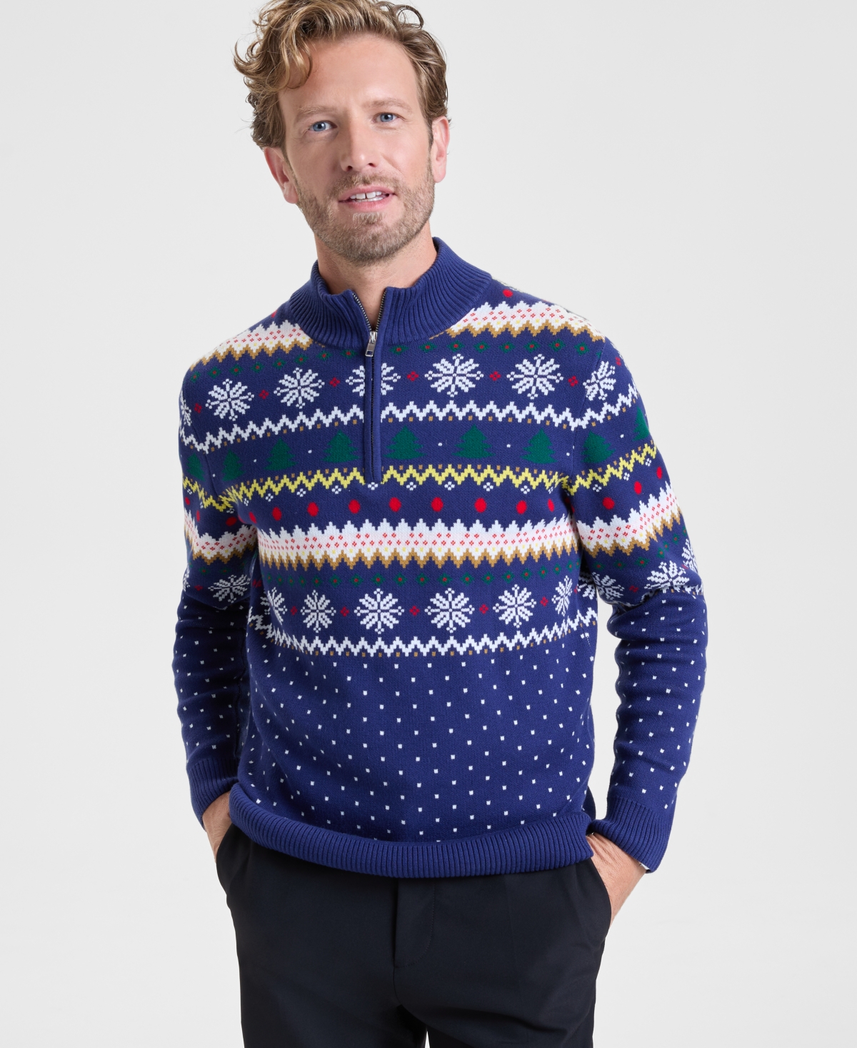 Holiday Lane Men's Fair Isle Zip-neck Sweater, Macy's Exclusive In Blue