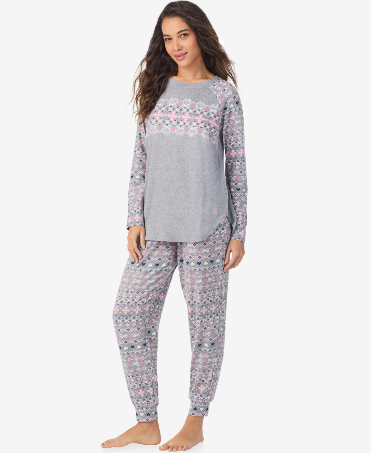 Cuddl Duds Women's Long Sleeve Crewneck Top And Jogger Pajama Set In Gray