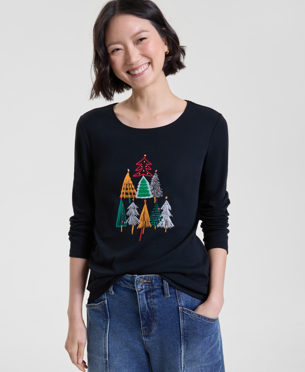 Holiday Lane Women's Festive Trees Long-Sleeve Top, Macy's Exclusive