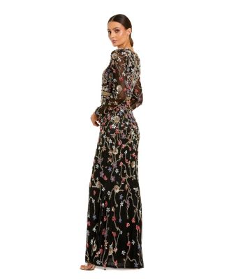 Women's Long Sleeve Embellished Mesh Gown