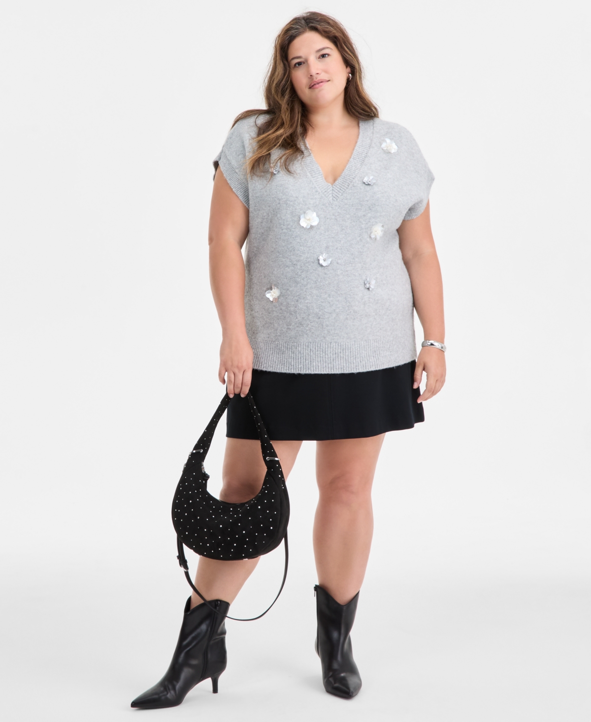 On 34th Trendy Plus Size Embellished Cap-sleeve Sweater Vest, Macy's Exclusive In Gray