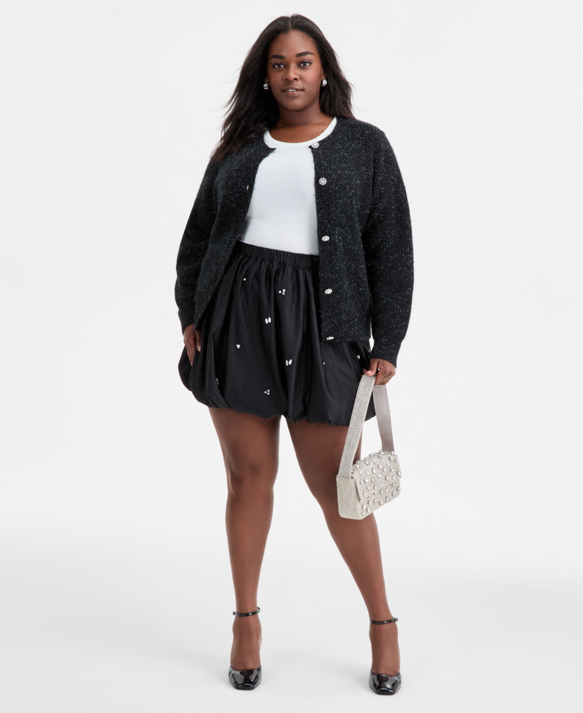 On 34th Trendy Plus Size Metallic Knit Jewel-button Cardigan, Macy's Exclusive In Black