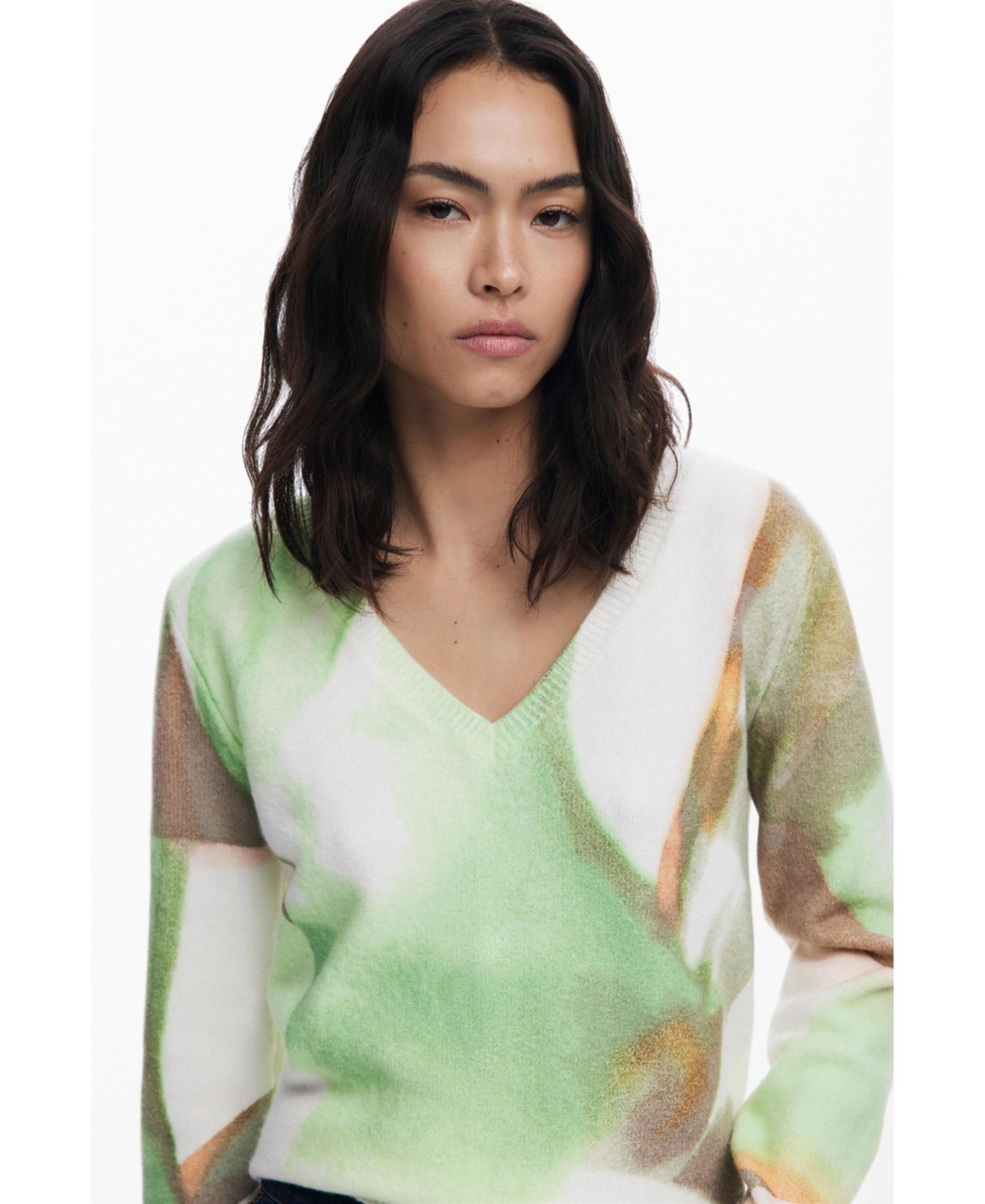 Desigual Abstract Print V-neck Sweater In Green