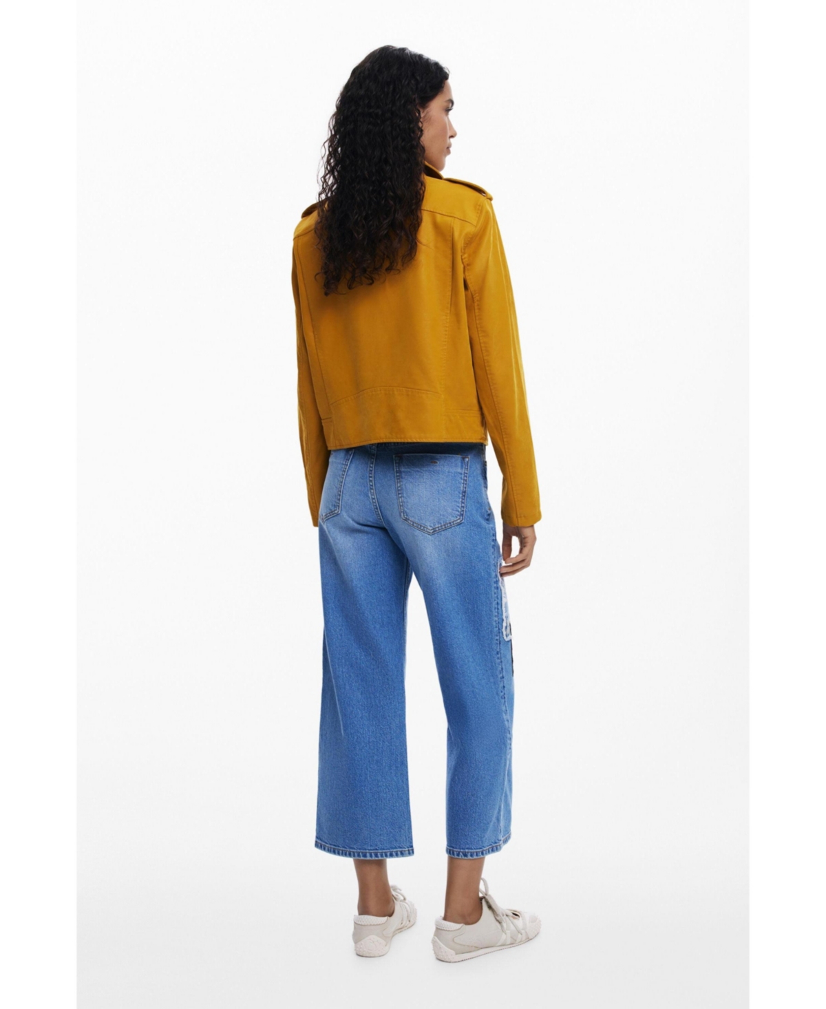 Desigual Patched Mid Rise Crop Wide Leg Jeans In Blue