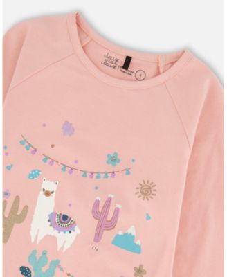 Big Girls Cotton T-Shirt Dusty Pink with Llama