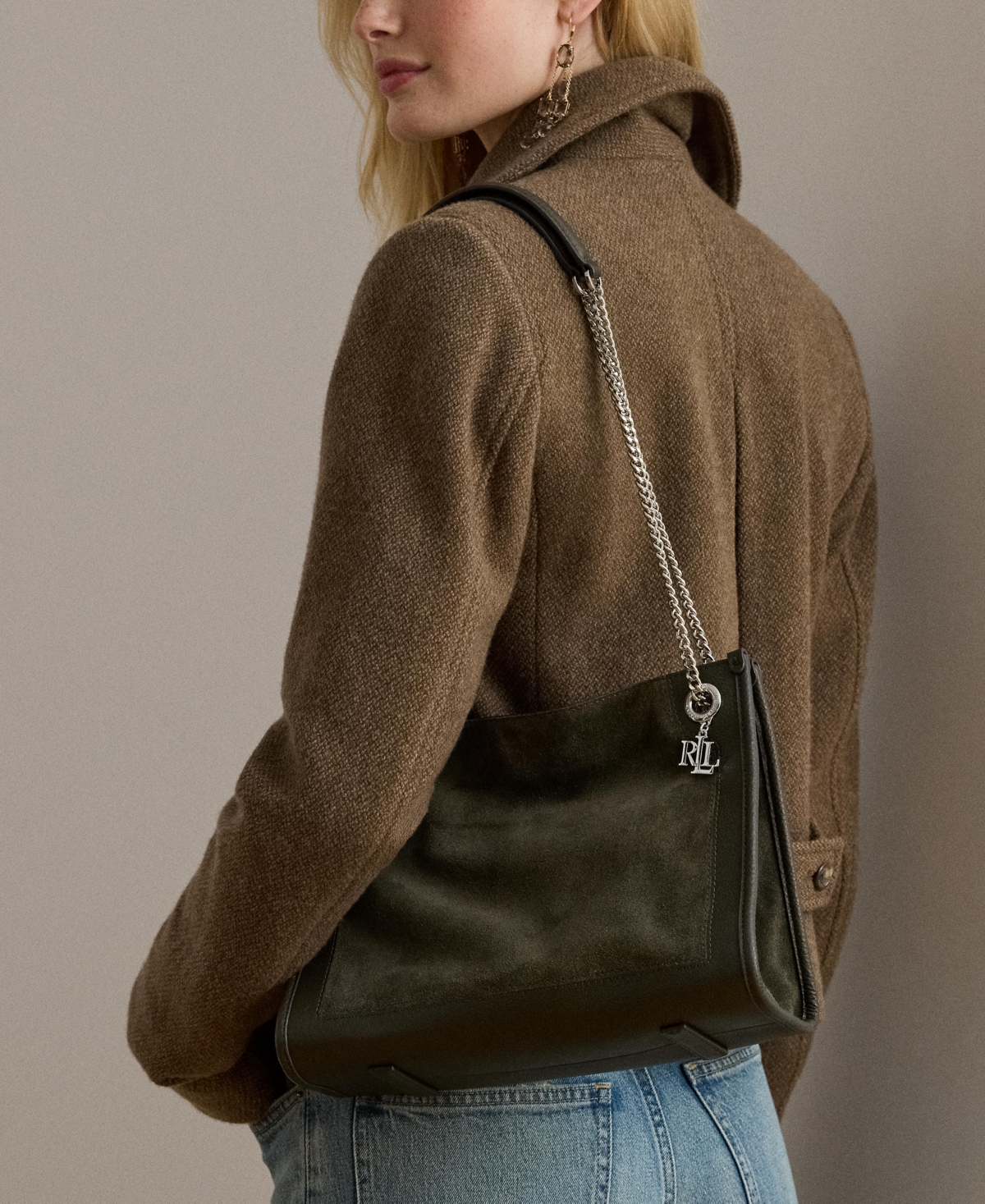Ralph Lauren Suede & Leather Small Bradley Tote Bag In Green