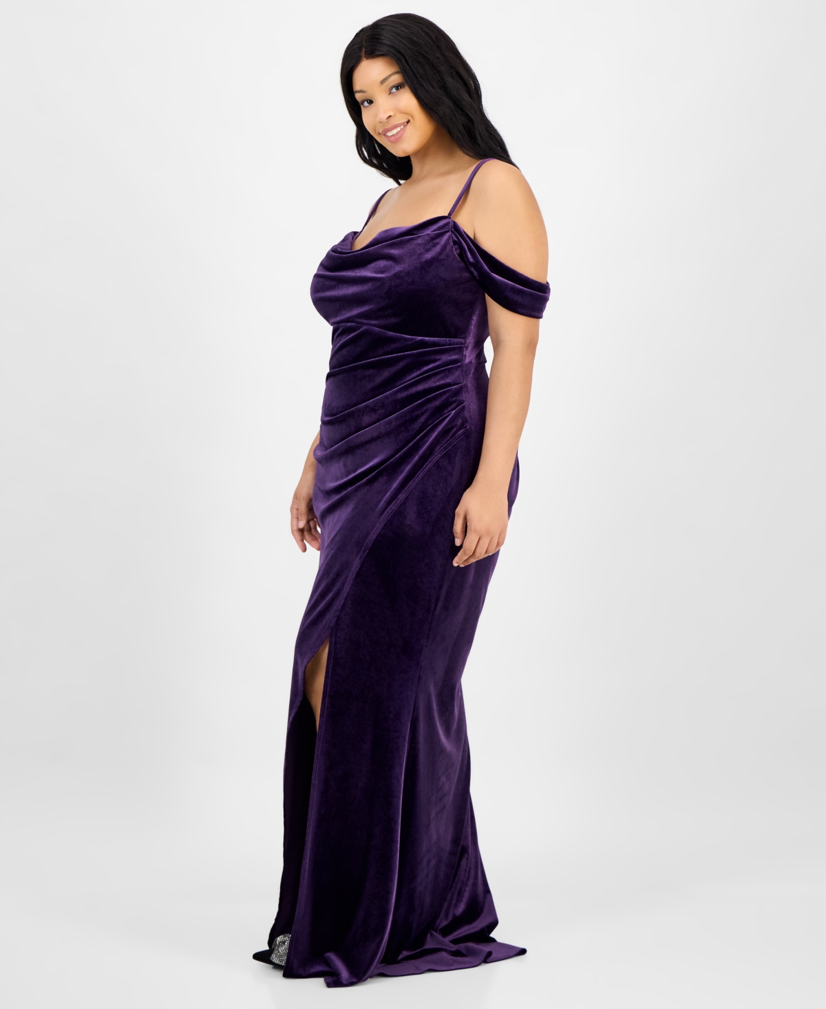 B Darlin Off The Shoulder Velvet Gown In Purple