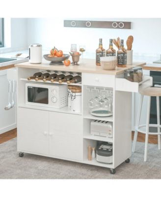 Rolling Kitchen Island Cart with Drop-Leaf and Wine Rack, White