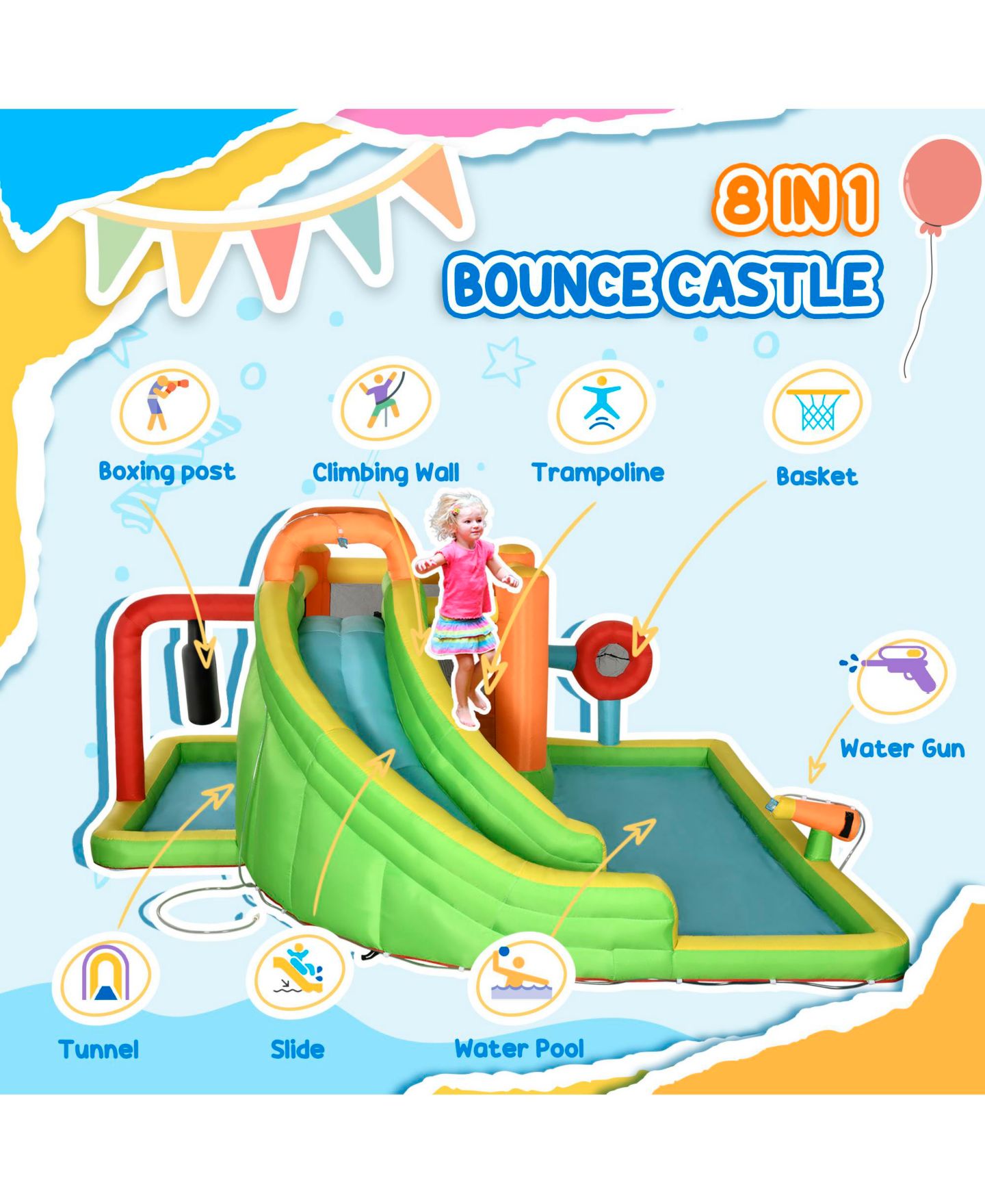 Детская игрушка Outsunny 7-in-1 Backyard Inflatable Bounce House with Slide & Water Blaster, Ages 3-8 — фото 4