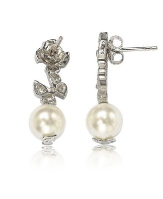 Suzy Levian Sterling Silver Pearl and White Sapphire Butterfly Earrings