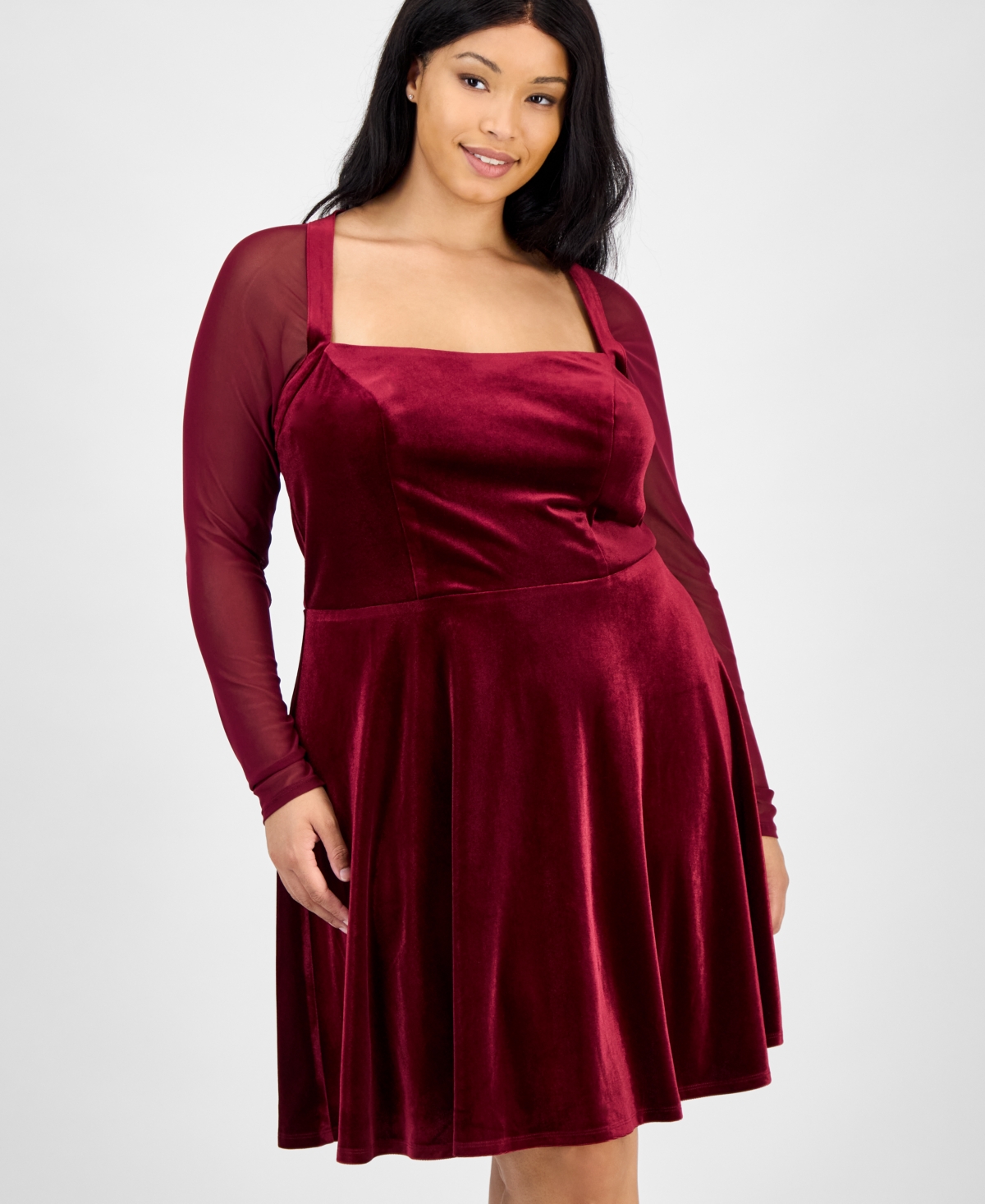 City Studios Trendy Plus Size Mesh-sleeve Velvet Fit & Flare Dress In Burgundy