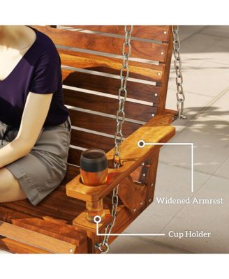 5 FT Wooden Porch Swing 3-Seater with Cupholders,