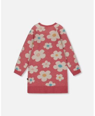 Girl Knitted Dress with Flower Jacquard Old Pink and Beige - Child