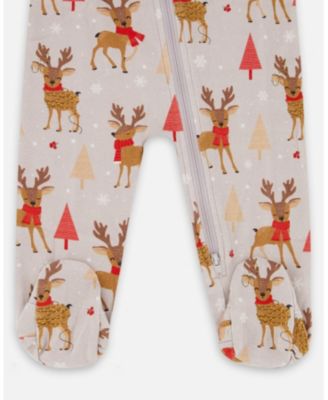 Baby Boy One-Piece Cotton Pajama Beige Reindeer Print - Baby