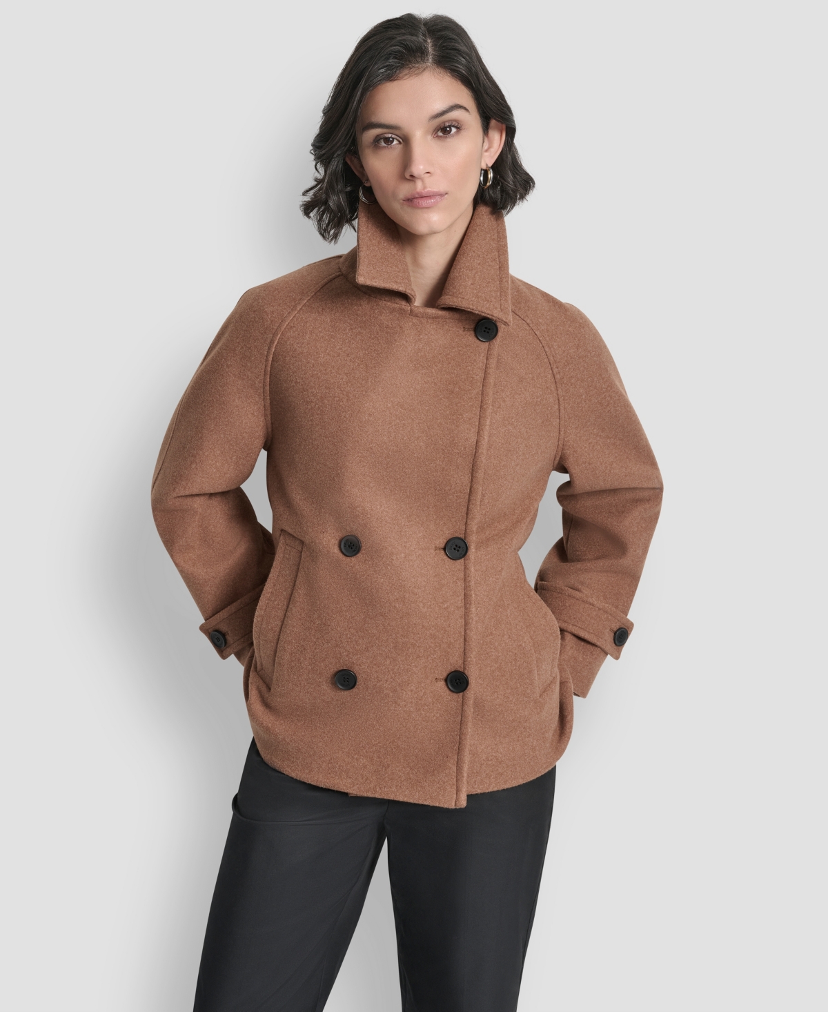 Dkny Womens Short Double Breasted Collared Coat P Xs Xxl In Brown