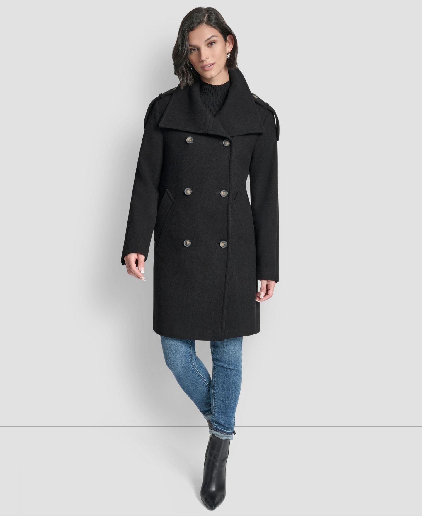 Женское пальто DKNY Double-Breasted Funnel Neck Military, цвет: Чёрный — фото 2