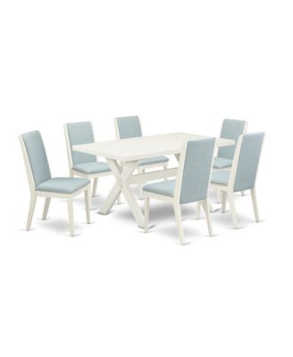 East West 7-Pc Rubberwood Linen White Rectangular Table Set with Baby Blue Linen Upholstered Chairs
