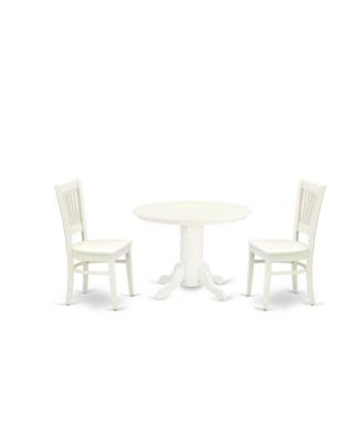 3-Pc Dining Room Set- 2 Wooden Dining Chairs and Round Dining Room Table - Wooden Seat and Slatted Chair Back - Linen White Finish