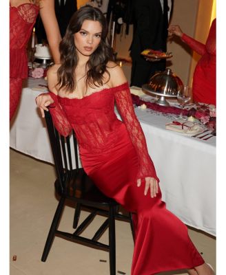 Women's Nessa Red Lace Satin Corset Maxi Dress