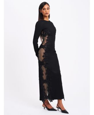 Women's Bailey Lace Trim Crystal Net Cutout Long Sleeve Gown