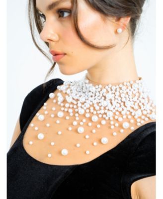 Women Rachael Black Velvet Pearl Embellished Gown