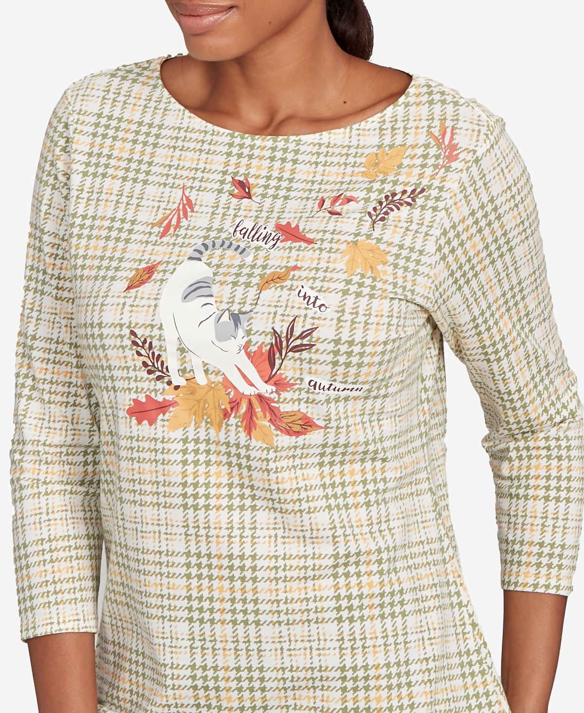 Ruby Rd. Petite Autumn Cat Houndstooth Top In Multi
