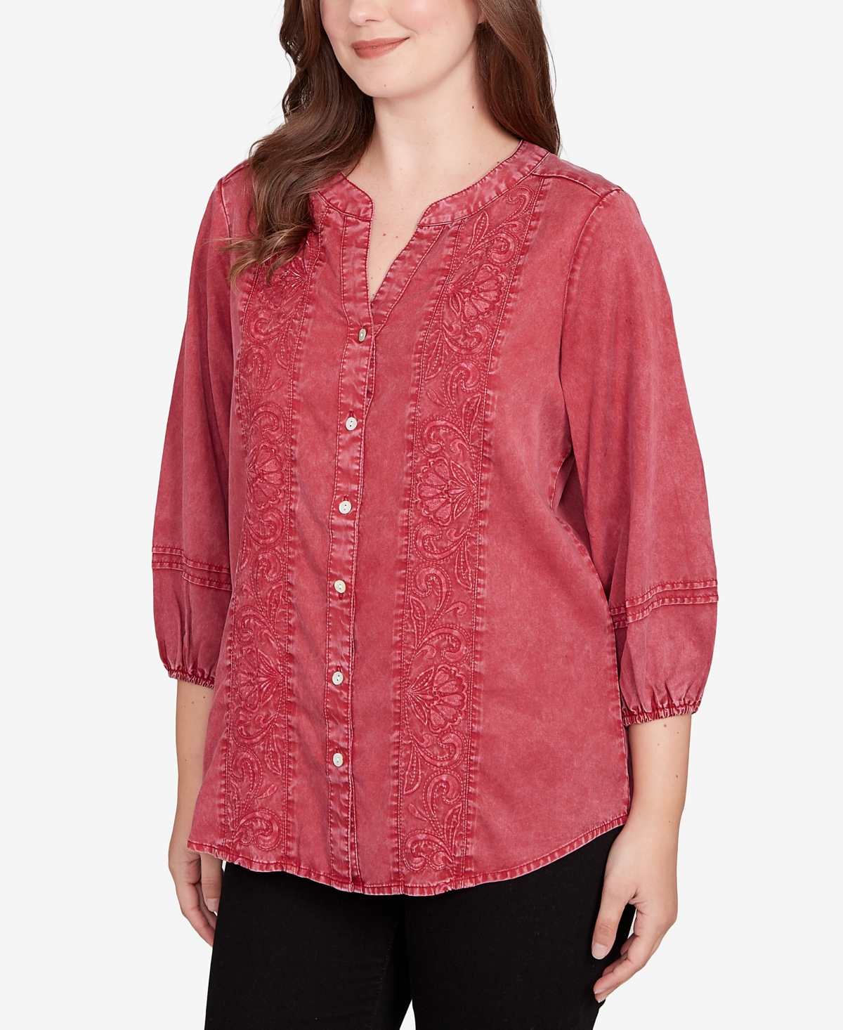 Ruby Rd. Petite Artisan Embroidered Button Front Top In Red