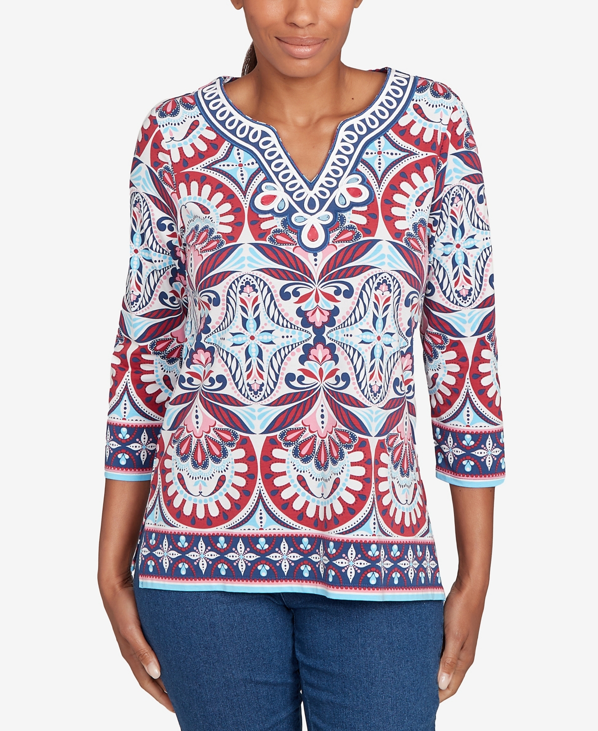 Ruby Rd. Petite Embellished Geo Border Knit Top In Blue