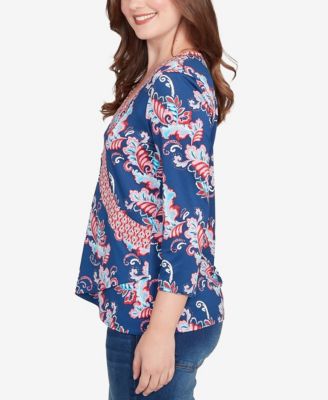 Petite Ikat Floral Puff Print Surplice Top