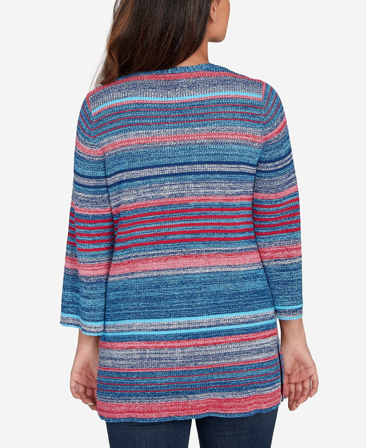 Ruby Rd. Petite Open Ribbed Stripe Front Pocket Cardigan Sweater In Blue
