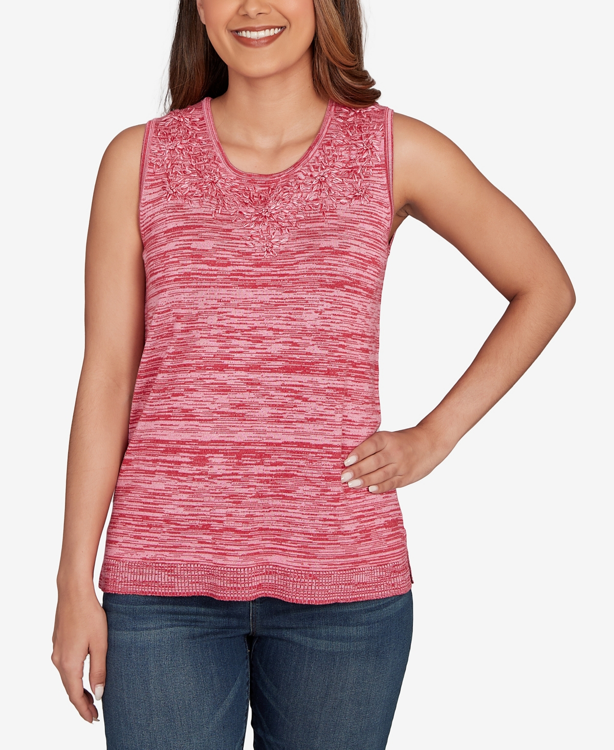 Ruby Rd. Petite Marled Knit Embroidered Tank Sweater In Red